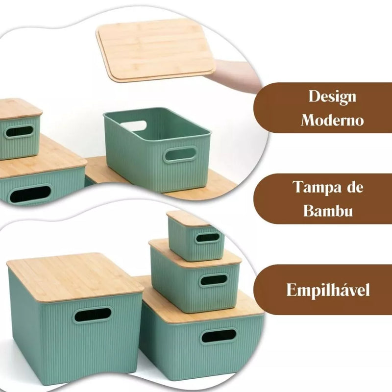 Caixa Organizadora Canelada Com Tampa de Bambu Verde 1.5l