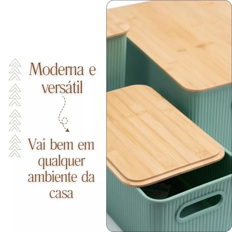 Caixa Organizadora Canelada Com Tampa de Bambu Verde 1.5l