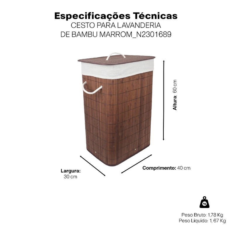 Cesto de roupa Bambu organizador forrado com alças