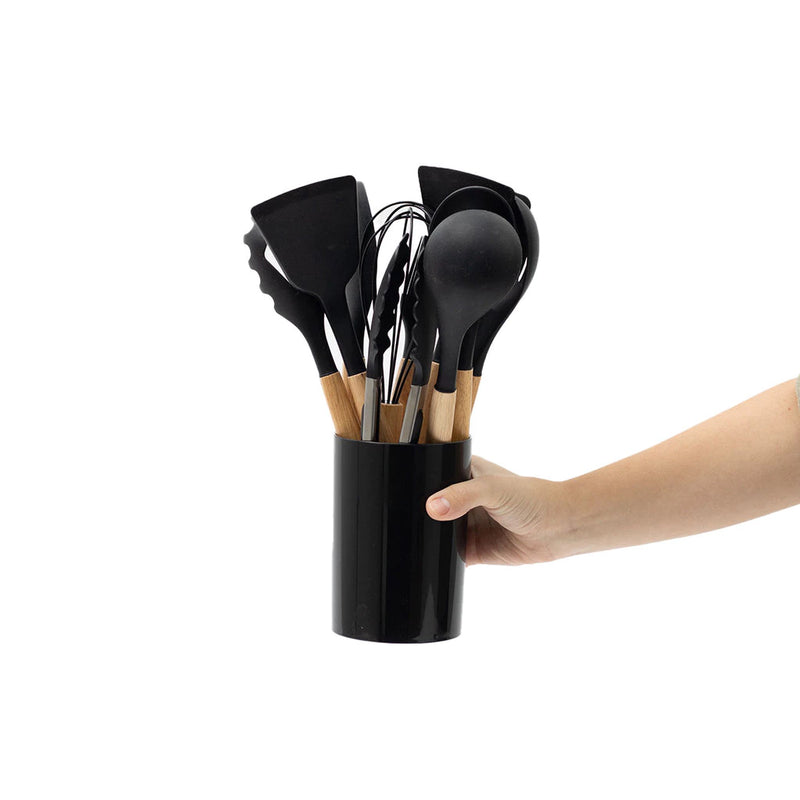 Kit 11 utensílios de cozinha de silicone com cabo de madeira e suporte - BPA Free