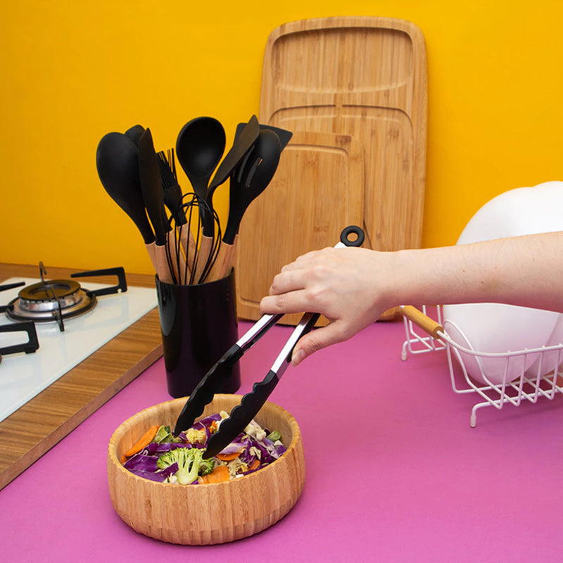 Kit 11 utensílios de cozinha de silicone com cabo de madeira e suporte - BPA Free