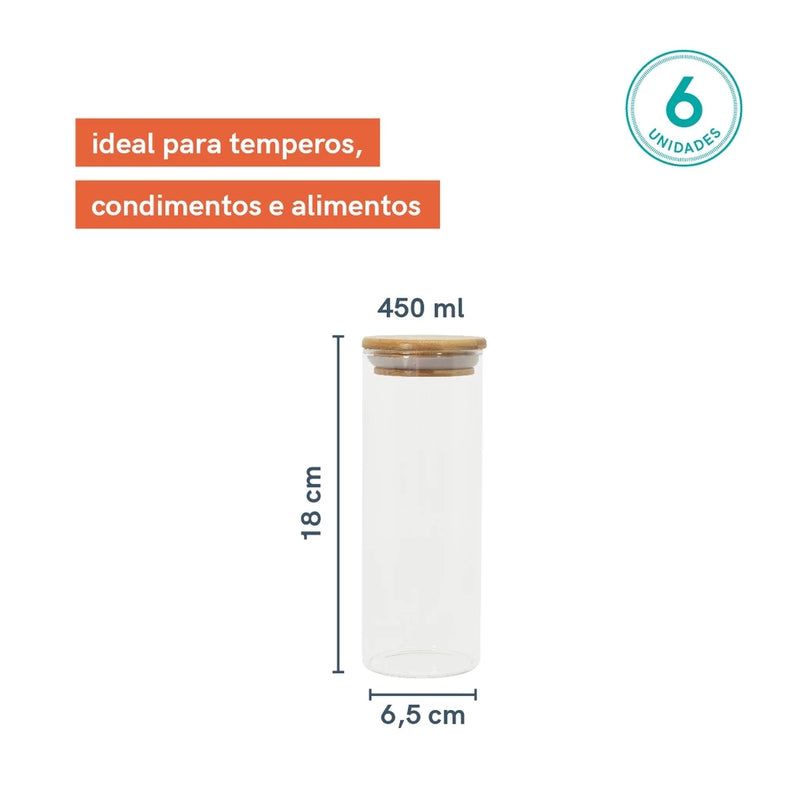 Kit com 6 Potes de Vidro 450ml com tampa de Bambu