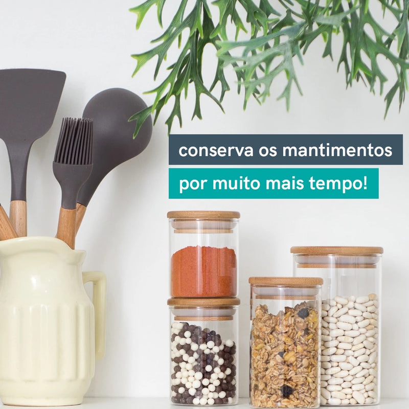 Kit com 6 Potes de Vidro 450ml com tampa de Bambu