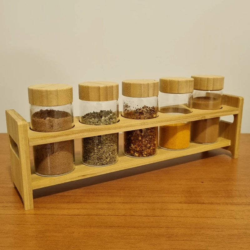 Kit 5 Potes de Vidro porta temperos 120ml com suporte e tampa de bambu