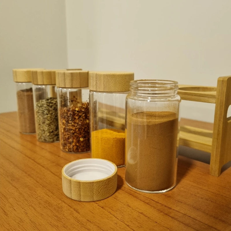 Kit 5 Potes de Vidro porta temperos 120ml com suporte e tampa de bambu