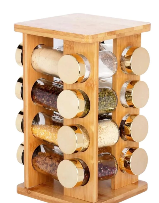 Porta Condimentos Temperos Bambu Giratório Cozinha 16 Peças Potes Rotativo Madeira
